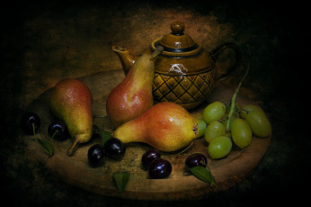 Картинка рисованные живопись черешня груши виноград чайник