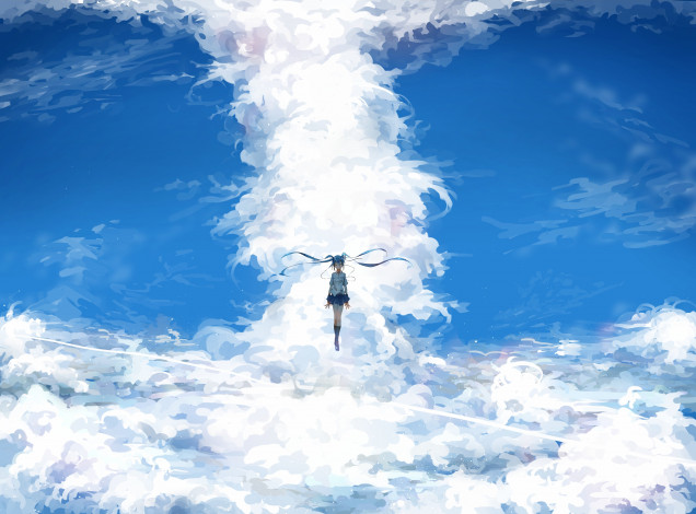 Обои картинки фото аниме, vocaloid, небо, синие, волосы, вокалоид, девушка, облака, парит