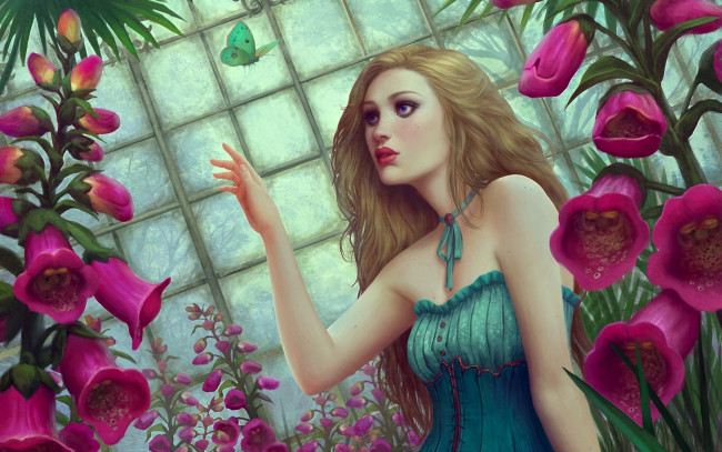 Обои картинки фото фэнтези, девушки, бабочка, цветы, оранжерея, девушка