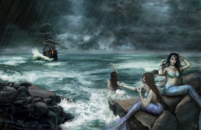 Обои картинки фото фэнтези, фотоарт, русалки, дождь, шторм, корабль, море, берег, парусник