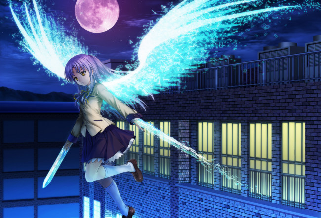 Обои картинки фото аниме, angel beats, крылья, ледяные, мечи, ангел, девушка