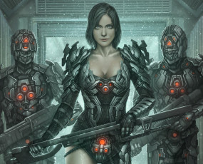 Картинка фэнтези роботы +киборги +механизмы женщина воин киборг броня солдат фантастика пушка грудь art