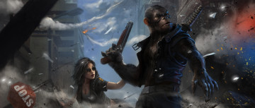 Картинка фэнтези красавицы+и+чудовища пистолет обезьяна девушка мир иной город меч взрыв