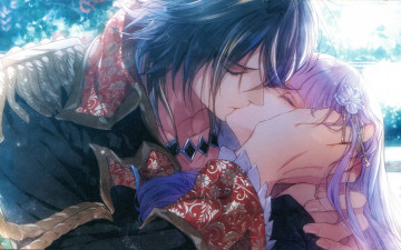 Картинка аниме wand+of+fortune art kageru usuba reine des fleurs visual novel violette leon поцелуй объятия руки погоны эполеты закрытые глаза двое