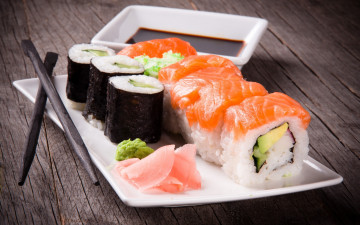 Картинка еда рыба +морепродукты +суши +роллы палочки соус соевый имбирь