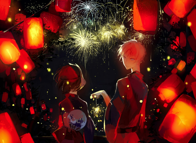 Обои картинки фото аниме, hotarubi no mori e, кимоно, двое, девушка, парень, фейерверк, ночь, небо, фонарики, маска