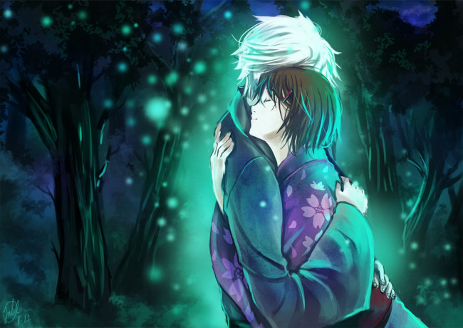 Обои картинки фото аниме, hotarubi no mori e, улыбка, ночь, девушка, лес, кимоно, объятия, деревья, парень
