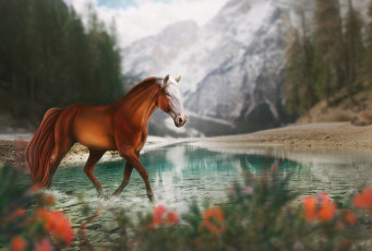 обоя рисованное, животные,  лошади, природа, горы, лошадь, озеро, by, fiirewolf