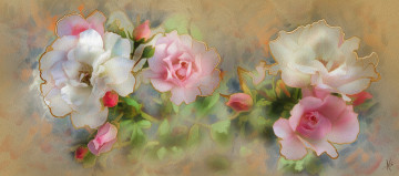 Картинка рисованное цветы имитация акварели бутоны нарисованные бежевый картина фон рисованные живопись светлый розы белые цветок роза рисунок цифровая мазки розовые