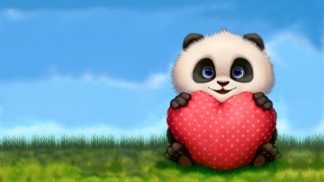 Картинка рисованное животные +панды полянка лето настроение детская подушка панда улыбка валентинка сердце арт праздник
