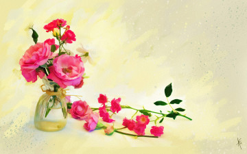 Картинка рисованное цветы нарисованные бутоны картина веточки букет фон рисованные живопись светлый баночка розы мазки розовые вода цифровая имитация акварели