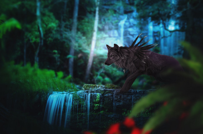 Обои картинки фото рисованное, животные,  сказочные,  мифические, природа, лес, фэнтези, by, fiirewolf, волк