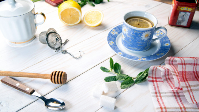 Обои картинки фото еда, напитки,  Чай, чай, сахар, лимон, мята