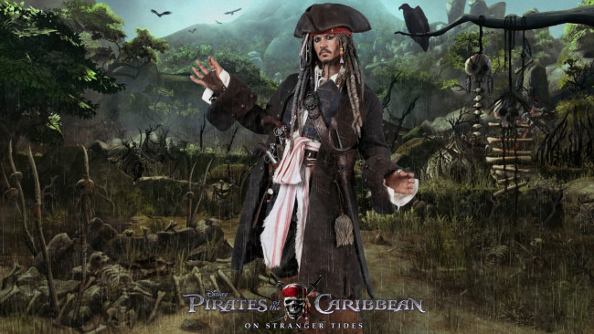 Обои картинки фото кино фильмы, pirates of the caribbean 4,  on stranger tides, пират, джунгли, взгляд, униформа, треуголка, мужчина