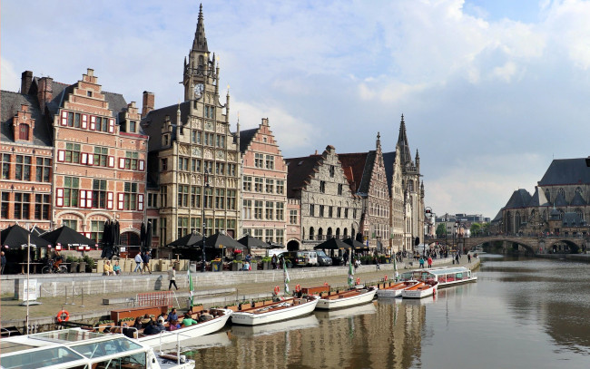 Обои картинки фото города, гент , бельгия, лодки, набережная, канал