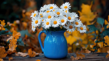обоя 3д графика, цветы , flowers, листья, кувшин, ромашки