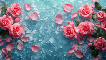 обоя 3д графика, цветы , flowers, розовые, розы, лед, лепестки
