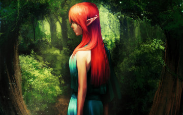 обоя фэнтези, эльфы, деревья, рыжая, голубое, платье, роща, девушка, эльфийка