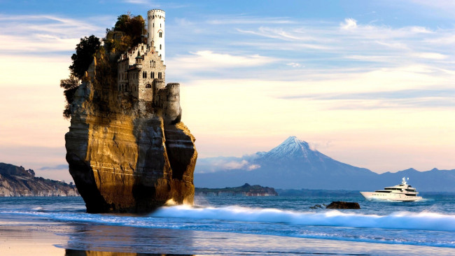 Обои картинки фото фэнтези, замки, пейзаж, скала, яхта, замок, море