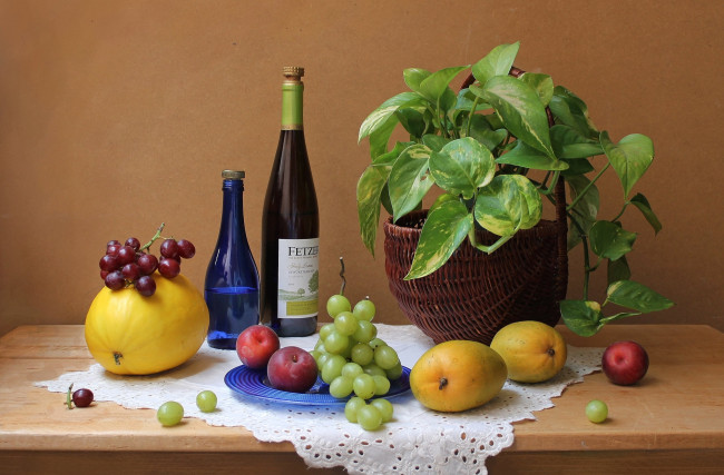 Обои картинки фото еда, натюрморт, вино, нектарин, дыня, виноград