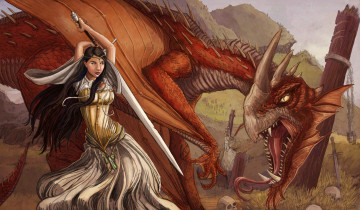 Картинка фэнтези красавицы+и+чудовища черепа жертва столбы меч девушка арт дракон