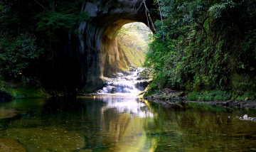 Картинка Япония природа водопады водоем пещера растения