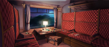 Картинка рисованное кино стол поезд экспресс кресла книга чемодан