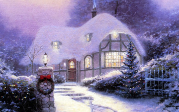 Картинка рисованное thomas+kinkade деревья венок огни ограда ёлка зима снег дом