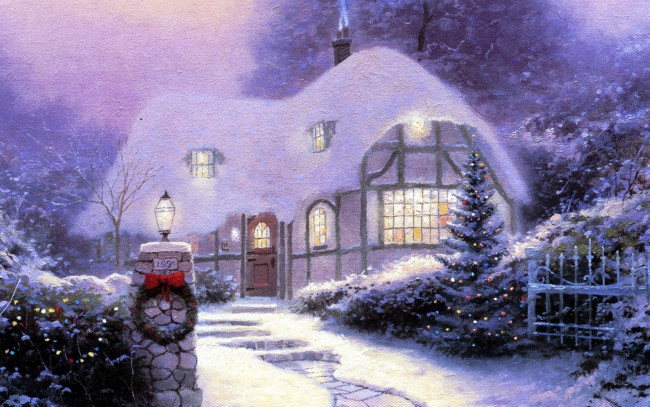 Обои картинки фото рисованное, thomas kinkade, деревья, венок, огни, ограда, ёлка, зима, снег, дом