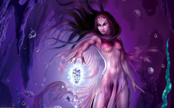 Картинка фэнтези русалки девушка вода пузыри медузы рыбы кристалл