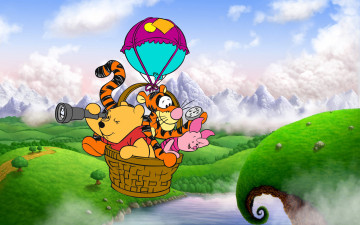 обоя мультфильмы, winnie the pooh, винни-пух, тигра, пятачок, воздушный, шар, полет