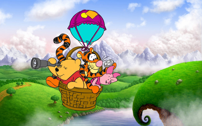 Обои картинки фото мультфильмы, winnie the pooh, винни-пух, тигра, пятачок, воздушный, шар, полет