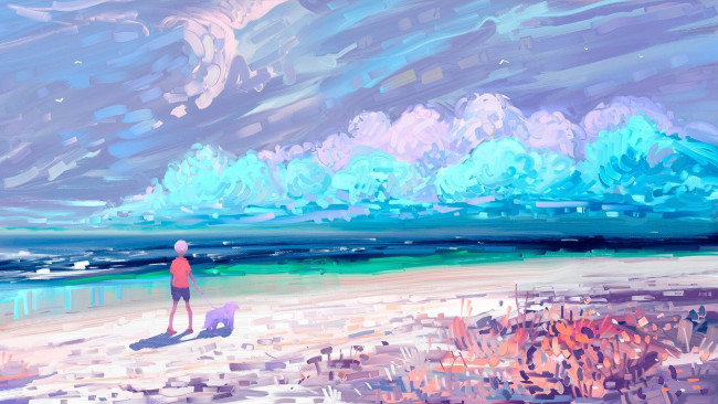 Обои картинки фото рисованное, люди, мальчик, собака, море, берег, облака