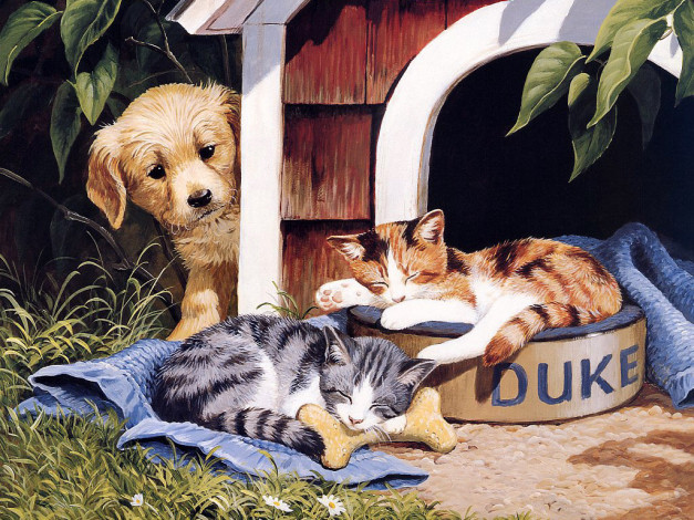 Обои картинки фото 26, рисованные, животные, кот, котенок, собака, щенок