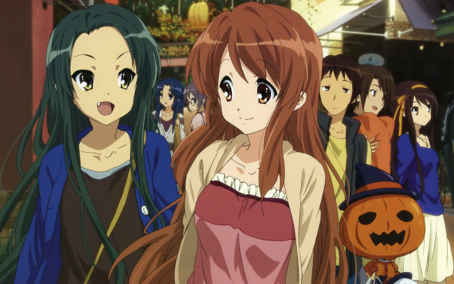 Обои картинки фото аниме, the, melancholy, of, haruhi, suzumiya, хэллоуин, девушки
