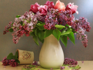 Картинка цветы букеты композиции букет сирень тюльпаны