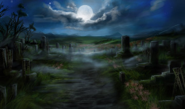 Картинка фэнтези нежить дорожка ночь луна кладбище плиты