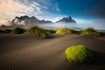 Картинка природа побережье исландия горы мох песок море облака