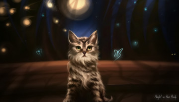 Картинка рисованные животные коты кошка ночь