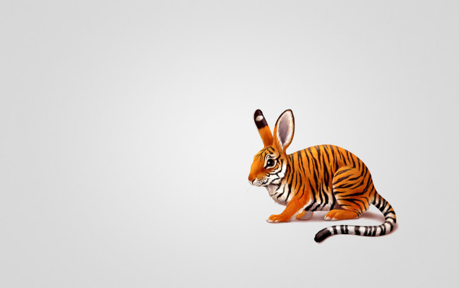 Обои картинки фото юмор, приколы, кролик, заяц, тигр, окраска, хвостатый, животное, минимализм