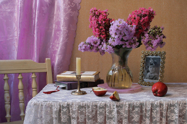 Обои картинки фото цветы, лагерстрёмия, индийская, сирень, фото, яблоко, свеча