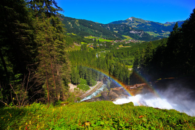 Обои картинки фото krimml, waterfalls, austria, природа, пейзажи, водопады, кримль, австрия, горы, долина, деревня, лес