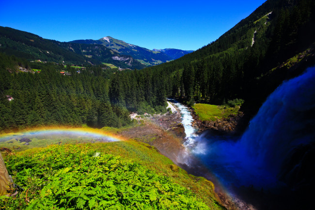 Обои картинки фото krimml, waterfalls, austria, природа, водопады, лес, река, горы, радуга, австрия, кримль