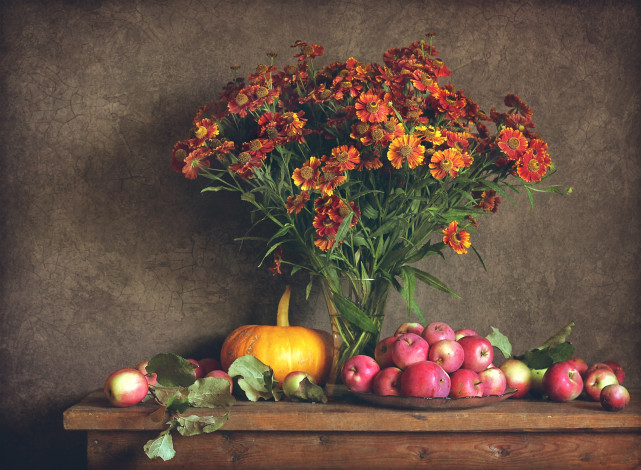 Обои картинки фото еда, фрукты и овощи вместе, тыква, яблоки, гелениум