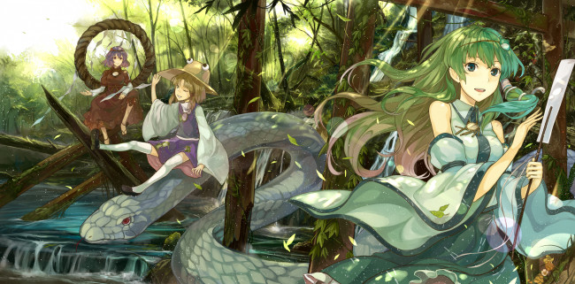 Обои картинки фото аниме, touhou, девушки, природа, растения, змея