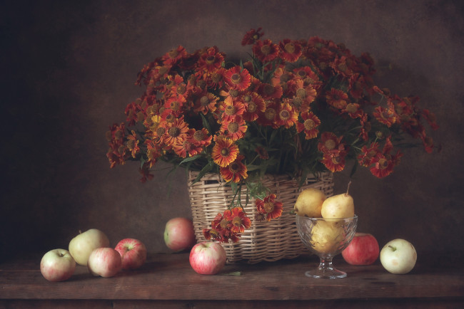 Обои картинки фото еда, фрукты,  ягоды, груши, яблоки, гелениум