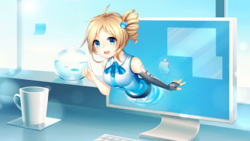 Картинка аниме оружие +техника +технологии mac монитор чашка стол девочка 3д арт pricey aizawa inori os-tan