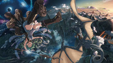 Картинка аниме vocaloid арт inoki горы gumi падение дракон космос пейзаж девочка