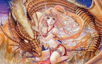 Картинка аниме животные +существа дракон огонь украшения взгляд девушка fantasy камни