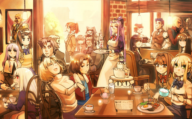 Обои картинки фото аниме, unknown,  другое, arcueid, brunestud, ryougi, shiki, saber, арт, кафе, бар, бармены, персонажи
